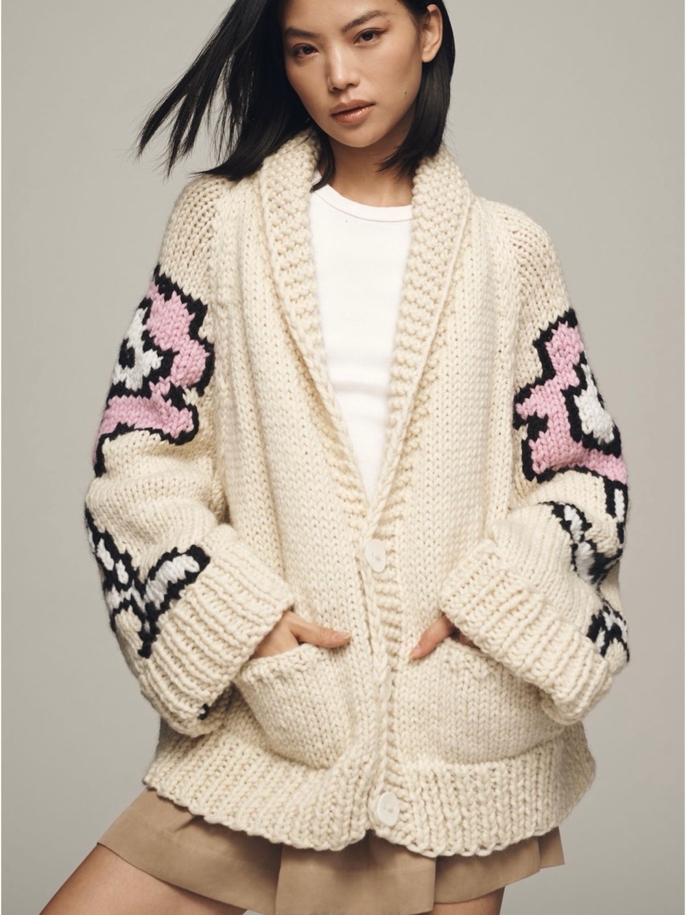 GOGO Cream Chunky Knit Cardigan with Pink and Black Sleeve Motif